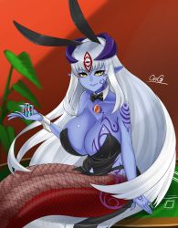 Rule 34 | 1girl, alipheese fateburn xvi, bare shoulders, black gloves, blue skin, breasts, cleavage, colored skin, elbow gloves, flower, gloves, hair flower, hair ornament, highres, horns, lamia, large breasts, long hair, mon-musu quest!, monster girl, onji, pointy ears, scales, smile, solo, tail, tattoo, very long hair, white hair, yellow eyes
