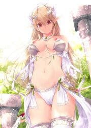 Rule 34 | 1girl, armor, blonde hair, bow, breasts, elf, female focus, kirishima satoshi, large breasts, long hair, looking at viewer, medium breasts, nipples, outdoors, pointy ears, red eyes, solo, standing, upper body, warrior, weapon