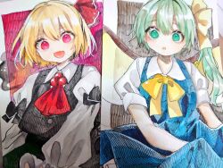 Rule 34 | 2girls, ascot, black vest, blonde hair, blue dress, bow, daiyousei, dress, fairy, fairy wings, green eyes, green hair, hair bow, hair ribbon, is that so, monji (monzi328), multiple girls, red ascot, red eyes, red ribbon, ribbon, rumia, short hair, side ponytail, skirt, skirt set, touhou, traditional media, vest, wings, yellow ascot, yellow bow