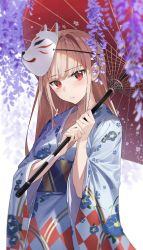 1girl, absurdres, argyle kimono, bangs, blue kimono, blunt bangs, blurry, blurry foreground, blush, breasts, brown hair, closed mouth, collarbone, cowboy shot, eyebrows visible through hair, floral print, flower, fox mask, gold trim, highres, holding, holding umbrella, japanese clothes, kimono, long hair, long sleeves, looking at viewer, mask, mask on head, obi, original, outdoors, parasol, red eyes, sash, small breasts, solo, standing, star741, strap, umbrella, white background, wide sleeves, yukata