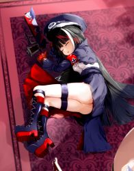 Rule 34 | 1girl, :o, absurdres, armband, ass, azur lane, black hair, black hat, black jacket, blue footwear, blue skirt, blurry, blurry background, boots, breasts, cameltoe, closed eyes, commentary request, cross-laced footwear, depth of field, deutschland (azur lane), from above, full body, gloves, goggles, goggles on headwear, gun, handgun, hat, highres, indoors, jacket, knee boots, lace-up boots, long hair, lying, momo (higanbana and girl), multicolored hair, on side, panties, parted lips, pistol, platform boots, platform footwear, red gloves, red hair, shirt, skirt, sleeping, solo, streaked hair, teeth, underwear, upper body, upper teeth only, very long hair, weapon, white hair, white panties, white shirt