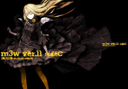 Rule 34 | 1girl, black background, blonde hair, dogs: bullets &amp; carnage, dress, closed eyes, flower, highres, long hair, miwa shirow, nill, original, pantyhose, rose, solo, wings, yellow pantyhose