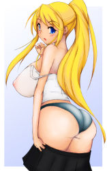 Rule 34 | 1girl, ass, back, bare shoulders, black skirt, blonde hair, blue eyes, blush, breasts, clothes pull, cowboy shot, doradora, from behind, fullmetal alchemist, gradient background, high ponytail, huge breasts, legs, long hair, looking back, nipples, no bra, off shoulder, open mouth, panties, parted lips, ponytail, puffy nipples, see-through, sideboob, simple background, skirt, skirt pull, solo, standing, thighs, underwear, undressing, winry rockbell