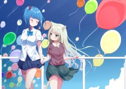 Rule 34 | 2girls, ^ ^, animal ears, balloon, blue hair, blue skirt, blurry, blurry background, blush, breasts, brown shirt, cat ears, cat girl, cat tail, closed eyes, closed mouth, collared shirt, commentary request, depth of field, dress shirt, green eyes, green hair, green skirt, hair ornament, hair scrunchie, hamaru (s5625t), highres, holding hands, long hair, multiple girls, one side up, original, parted lips, pleated skirt, puffy short sleeves, puffy sleeves, railing, red scrunchie, scrunchie, shirt, short sleeves, skirt, small breasts, tail, very long hair, white shirt