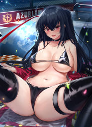 Rule 34 | :d, ahoge, azur lane, bikini, black bikini, black thighhighs, breasts, cameltoe, car, covered erect nipples, crossed bangs, garter belt, hand on own thigh, highres, jacket, large breasts, linzere, long hair, looking at viewer, motor vehicle, navel, off-shoulder jacket, off shoulder, official alternate costume, on vehicle, open mouth, race queen, red eyes, red jacket, sitting, skindentation, smile, solo, spread legs, stomach, swimsuit, taihou (azur lane), taihou (enraptured companion) (azur lane), thighhighs, twitter username, very long hair