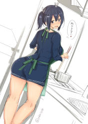 Rule 34 | 10s, 1girl, apron, ass, blue dress, blue eyes, blue hair, blush, dress, from behind, hair ribbon, heart, impossible clothes, impossible dress, kantai collection, long hair, long sleeves, looking back, matching hair/eyes, open mouth, pot, rib:y(uhki), ribbon, solo, souryuu (kancolle), speech bubble, stove, translated, twintails, twitter username
