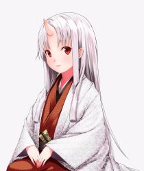 Rule 34 | 1girl, bad id, bad twitter id, highres, horns, japanese clothes, long hair, looking at viewer, md5 mismatch, oni, oni horns, original, pointy ears, red eyes, resized, shiro shougun, simple background, single horn, solo, white background, white hair