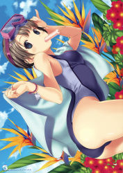 Rule 34 | 1girl, black eyes, black hair, bracelet, cloud, cloudy sky, competition school swimsuit, covered erect nipples, day, flower, food, highres, ice cream, jewelry, koutaro, looking at viewer, one-piece swimsuit, original, outdoors, red flower, school swimsuit, shiny skin, short hair, sky, solo, swimsuit