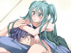 Rule 34 | 1boy, 1girl, aqua eyes, aqua hair, bare shoulders, blue eyes, blue hair, blush, couple, dress, dutch angle, hatsune miku, hetero, ji ko, kaito (vocaloid), long hair, looking at another, lying, nail polish, on person, parted lips, pillow, simple background, strapless, strapless dress, topless male, twintails, vocaloid, white background