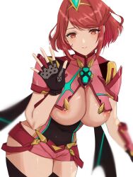 Rule 34 | 1girl, black gloves, black thighhighs, blush, breasts, chest jewel, closed mouth, fingerless gloves, gloves, highres, large breasts, looking at viewer, nipple slip, nipples, pyra (xenoblade), red eyes, red hair, red shorts, short hair, short shorts, shorts, simple background, smile, solo, swept bangs, thighhighs, thighs, tiara, white background, xenoblade chronicles (series), xenoblade chronicles 2, yamamori kinako