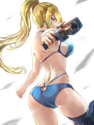 Rule 34 | 1girl, absurdres, artist name, ass, ass cutout, back, bikini, blonde hair, blue bikini, blue eyes, breasts, butt crack, clear glass (mildmild1311), closed mouth, clothing cutout, commentary request, from behind, highres, holding, holding weapon, lips, long hair, long sleeves, looking at viewer, looking back, medium breasts, metroid, nintendo, paralyzer, ponytail, samus aran, shiny clothes, sideboob, signature, simple background, skin tight, solo, swimsuit, weapon, white background