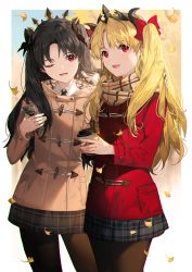 Rule 34 | 2girls, alternate costume, autumn, black hair, black legwear, black ribbon, blonde hair, blush, cellphone, coat, crown, duffel coat, ereshkigal (fate), fate/grand order, fate (series), hair ornament, holding, holding phone, ishtar (fate), jacket, lirica, long hair, long sleeves, looking at viewer, miniskirt, multiple girls, one eye closed, open mouth, pantyhose, parted bangs, phone, pleated skirt, red eyes, ribbon, scarf, siblings, sisters, skirt, smartphone, smile, two side up