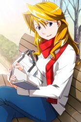 Rule 34 | 1girl, blonde hair, blue eyes, book, christine garland, crossed legs, day, holding, holding book, long hair, long sleeves, looking at viewer, non-web source, official art, on bench, open book, outdoors, photoshop (medium), red scarf, scarf, sitting, solo, super real mahjong, tanaka ryou