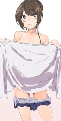 Rule 34 | 1girl, akagi asahito, blue eyes, blush, brown hair, clothes pull, gradient background, highres, looking at viewer, one-piece swimsuit pull, one-piece swimsuit removed, parted lips, smile, solo, swimsuit, tamasaka makoto, tokyo 7th sisters, towel, unworn swimsuit