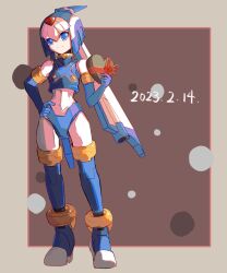 Rule 34 | 1girl, armor, blue armor, blue eyes, blue footwear, blue helmet, boots, brown background, candy, chocolate, chocolate heart, crop top, dated, fairy leviathan (mega man), food, forehead jewel, full body, hand on own hip, heart, helmet, highres, holding, holding chocolate, holding food, mega man (series), mega man zero (series), mochi skymega, omochi (mochi skymega), tagme, thigh boots, valentine