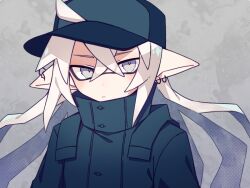 Rule 34 | 1boy, baseball cap, black hat, black jacket, closed mouth, commentary, crossed bangs, earrings, grey background, grey eyes, hat, inkling, inkling boy, inkling player character, inuowour, jacket, jewelry, long hair, looking at viewer, male focus, nintendo, pointy ears, solo, splatoon (series), symbol-only commentary, white hair