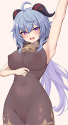 Rule 34 | 1girl, ahoge, arm up, armpits, bell, black pantyhose, blue hair, blush, bodystocking, bodysuit, breasts, cameltoe, covered erect nipples, covered navel, cowboy shot, ganyu (genshin impact), genshin impact, groin, highres, horns, large breasts, legs together, long hair, looking at viewer, low ponytail, neck bell, nito (nito), pantyhose, purple eyes, see-through, sidelocks, solo, standing, thighlet, thighs, wavy mouth