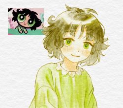Rule 34 | 1girl, black hair, blush, buttercup (ppg), buttercup redraw challenge (meme), derivative work, green eyes, green pajamas, highres, looking at viewer, meme, messy hair, pajamas, powerpuff girls, reference inset, sanchae, screenshot inset, screenshot redraw, simple background, smile, solo, traditional media, upper body, white background