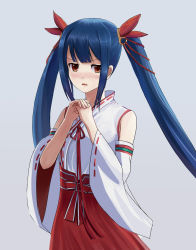 Rule 34 | 1girl, ??? (sdg19881022), blue hair, blush, brown eyes, character request, conception: ore no kodomo wo undekure!, highres, japanese clothes, long hair, looking at viewer, miko, parted lips, solo, twintails, upper body