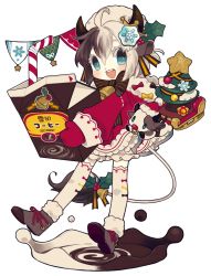 Rule 34 | 1girl, absurdres, animal ears, banner, bell, blue eyes, boots, brown hair, christmas, christmas tree, colored skin, cow ears, cow girl, cow horns, cowbell, dress, drinking straw, full body, fur trim, hair ornament, hairclip, hat, highres, horns, methyl key, mittens, multicolored hair, official art, open mouth, red mittens, short hair, sleigh, smile, solo, thighhighs, transparent background, two-tone hair, ushikko yukico-tan, white hair, white skin, white thighhighs, yukico-tan, yukijirushi