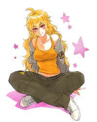 Rule 34 | 1girl, amputee, artist request, baggy pants, bare shoulders, blonde hair, blush, breasts, cleavage, commentary request, full body, jacket, long hair, looking at viewer, medium breasts, navel, pants, parted lips, purple eyes, rwby, shoes, singlet, sitting, smile, sneakers, solo, yang xiao long