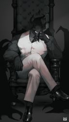 Rule 34 | 1boy, belov w, chair, formal, full body, grey background, highres, korean commentary, crossed legs, male focus, pants, shoes, solo, suit, throne