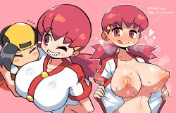 Rule 34 | 1boy, 1girl, absurdres, backwards hat, black hair, blush, breasts, closed eyes, creatures (company), english text, ethan (pokemon), game freak, grin, hair ornament, hairclip, hat, heart, hetero, highres, hug, large breasts, licking lips, looking at another, low twintails, naughty face, navel, nintendo, nipples, one eye closed, open clothes, pink eyes, pink hair, pokemon, pokemon hgss, rariatto (ganguri), shiny skin, smile, steaming body, sweat, tongue, tongue out, twintails, undressing, whitney (pokemon)