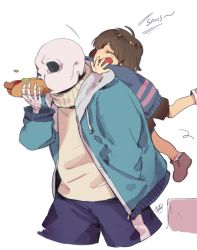 Rule 34 | 1boy, :d, ^ ^, androgynous, babua, brown hair, closed eyes, eating, food, frisk (undertale), hand in pocket, holding, holding food, hood, hoodie, hot dog, jumping, open mouth, sans (undertale), shoes, shorts, signature, simple background, skeleton, smile, socks, striped clothes, striped sweater, surprised, sweater, turtleneck, undertale, upper body, white background