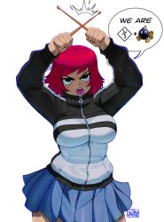 Rule 34 | 1girl, absurdres, arms up, artist name, black jacket, blue skirt, bob-omb, breasts, cowboy shot, d:, drumsticks, emoji, english text, freckles, highres, holding, holding drumsticks, jacket, kim pine, large breasts, looking at viewer, mario (series), miniskirt, nintendo, open mouth, pleated skirt, red hair, scott pilgrim (series), short hair, skirt, solo, speech bubble, teeth, tongue, tovio rogers, white jacket, zipper