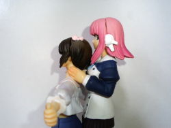 Rule 34 | 00s, 2girls, brown hair, figure, from side, grey background, headgear, long sleeves, milfa (to heart), multiple girls, photo (medium), pink hair, red hair, robot ears, simple background, to heart (series), to heart 2, to heart 2 ad, upper body, yuzuhara konomi