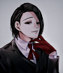 Rule 34 | 1boy, black jacket, collared shirt, dress shirt, furuta nimura, gloves, gradient background, grey background, half-closed eyes, hand up, highres, jacket, kino (uni sk38), long sleeves, looking at viewer, male focus, mole, mole under eye, neck ribbon, parted lips, red gloves, red ribbon, ribbon, shirt, short hair, smile, solo, teeth, tokyo ghoul, tokyo ghoul:re, white shirt