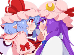 Rule 34 | 2girls, bat wings, blue bow, blue hair, bow, bowtie, capelet, commentary request, crescent, crescent hair ornament, dress, eichi yuu, eye contact, fang, fang out, frilled shirt collar, frills, hair between eyes, hair bow, hair ornament, hat, hat ribbon, long hair, looking at another, mob cap, multiple girls, patchouli knowledge, pink dress, pink hat, pointy ears, puffy short sleeves, puffy sleeves, purple eyes, purple hair, red bow, red eyes, red neckwear, red ribbon, remilia scarlet, ribbon, short hair, short sleeves, sidelocks, simple background, smile, touhou, upper body, white background, white capelet, wings, wrist cuffs, yuri