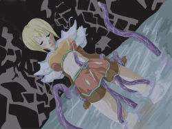 Rule 34 | 1girl, bare legs, blonde hair, blush, cum, hunter (ragnarok online), looking down, midriff, partially submerged, ragnarok online, rape, solo, tentacles, tentacles under clothes, water