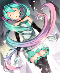Rule 34 | 1girl, bad id, bad pixiv id, bare shoulders, dress, elbow gloves, closed eyes, gloves, gradient hair, green hair, hatsune miku, highres, long hair, multicolored hair, neo-masterpeacer, pink hair, scapecoat (vocaloid), solo, thighhighs, twintails, very long hair, vocaloid, zettai ryouiki