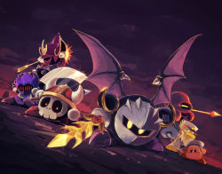 Rule 34 | armor, axe, axe knight (kirby), bat wings, captain vul, cloud, cloudy sky, dark clouds, fake horns, flail, galaxia (sword), helmet, highres, horned helmet, horns, javelin knight, kirby (series), kirby super star, looking at viewer, mace knight, mask, meta knight, nintendo, overcast, polearm, sailor waddle dee, shoulder armor, skull, sky, suyasuyabi, sword, trident, trident knight, weapon, white headwear, wings