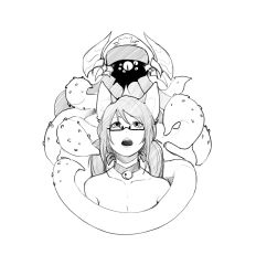 Rule 34 | 1girl, animal ears, cat ears, collar, commission, glasses, greyscale, highres, less, monochrome, monster, neck bell, nude, open mouth, original, semi-rimless eyewear, simple background, tentacles, tharkis, twintails, under-rim eyewear, white background