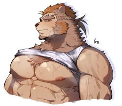 Rule 34 | 1boy, abs, animal ears, artist name, bara, braid, clothes lift, facial hair, furry, furry male, goatee, highres, julius quignard (knights college), knights college, lion boy, lion ears, looking at viewer, male focus, muscular, muscular male, nipples, orange eyes, pectorals, ppyong, profile, shirt, shirt lift, sleeveless, sleeveless shirt, sweat, very sweaty, white background, white shirt