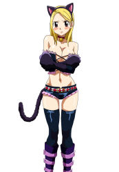 Rule 34 | 1girl, animal ears, animal hands, bell, belt, black corset, black shorts, black thighhighs, blonde hair, blush, boots, breasts, brown eyes, cat ears, cat girl, cat tail, choker, cleavage, collarbone, corset, covering breasts, covering privates, crossed arms, evilaka, fairy tail, fake animal ears, gloves, highres, large breasts, long hair, looking at viewer, lucy heartfilia, neck bell, paw gloves, purple footwear, purple gloves, red belt, short shorts, shorts, solo, standing, tail, thighhighs, white background, white belt