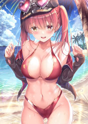 Rule 34 | 1girl, arms up, bare shoulders, beach, bikini, black hat, black jacket, breasts, cleavage, cloud, collarbone, commentary request, eyewear on head, fang, gluteal fold, groin, hat, heterochromia, highleg, highleg bikini, highres, hololive, houshou marine, houshou marine (summer), jacket, large breasts, long hair, looking at viewer, navel, off shoulder, outdoors, palm tree, red bikini, red eyes, red hair, revision, sand, shirakawako, smile, solo, stomach, swimsuit, teeth, tongue, tree, twintails, upper teeth only, virtual youtuber, water, wet, yellow eyes