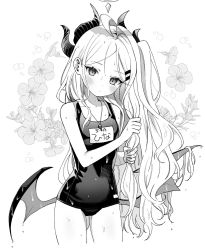 Rule 34 | ahoge, blue archive, demon horns, demon wings, flower, greyscale, hair ornament, hairclip, halo, highres, hina (blue archive), hina (swimsuit) (blue archive), horns, long hair, low wings, monochrome, multiple horns, name tag, nehan (gedatsu nehan), official alternate costume, old school swimsuit, one-piece swimsuit, parted bangs, school swimsuit, swimsuit, water, wet, wet clothes, wet hair, whistle, whistle around neck, wings