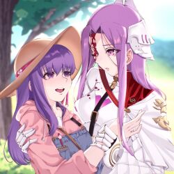 Rule 34 | 2girls, blood, blood on face, fate/grand order, fate (series), forehead, hat, highres, holding another&#039;s wrist, long hair, looking at another, matou sakura, medusa (fate), medusa (saber) (fate), multiple girls, nikumaki43, open mouth, purple eyes, purple hair, upper body