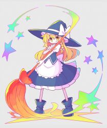 Rule 34 | 1girl, :q, apron, asameshi, black footwear, black hat, black skirt, black vest, blonde hair, blush stickers, boots, bow, braid, broom, closed mouth, commentary, full body, hat, hat bow, highres, holding, holding broom, kirisame marisa, long hair, puffy short sleeves, puffy sleeves, shirt, short sleeves, single braid, skirt, smile, solo, star (symbol), tongue, tongue out, touhou, v-shaped eyebrows, vest, waist apron, white apron, white bow, white shirt, witch hat, yellow eyes
