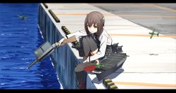 Rule 34 | 10s, 1girl, aircraft, airplane, bad id, bad nicoseiga id, black thighhighs, bow (weapon), brown eyes, brown hair, commentary request, crossbow, flight deck, harbor, headgear, kantai collection, kinosuke (sositeimanoga), knee up, letterboxed, machinery, sitting, smile, solo, taihou (kancolle), thighhighs, water, weapon