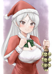Rule 34 | 1girl, bell, blush, border, breasts, brown background, brown eyes, capelet, cleavage cutout, clothing cutout, conte di cavour (kancolle), cowboy shot, dress, gradient background, hat, highres, jingle bell, kantai collection, koru pera, large breasts, long hair, long sleeves, red dress, santa costume, santa hat, snowing, solo, two side up, white border