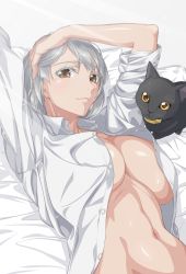 Rule 34 | 1girl, black cat, breasts, brown eyes, cat, commentary request, grey background, hand on own head, highres, large breasts, lying, navel, nib pen (medium), on back, on bed, open clothes, open shirt, ozaneko, pillow, rain megumi, shirt, silver hair, smile, traditional media, unbuttoned, unbuttoned shirt, underboob, upper body, white shirt, yu-gi-oh!, yu-gi-oh! tag force