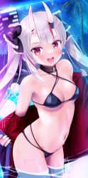 Rule 34 | 1girl, bikini, black bikini, blush, breasts, fang, hair ornament, highres, himizuno kurage, hololive, horns, jacket, long hair, looking at viewer, medium breasts, mizuno kurage, multicolored hair, nakiri ayame, oni, open mouth, partially submerged, red eyes, red hair, skin-covered horns, smile, solo, streaked hair, swimsuit, unworn jacket, virtual youtuber, wet