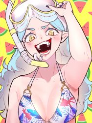 Rule 34 | 1girl, :d, animal print, arm up, bikini, black nails, blue hair, breasts, fangs, fish print, goggles, goggles on head, highres, light blue hair, long hair, looking at viewer, medium breasts, mizore (tokedase! mizorechan), nail polish, open mouth, pointy ears, shiro osushi, smile, snorkel, solo, swimsuit, tokedase! mizorechan, watermelon, watermelon slice, yellow background, yellow eyes