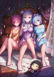 Rule 34 | 10s, 3girls, artist name, bare legs, barefoot, bed, bed sheet, blue dress, blue eyes, blue hair, blunt bangs, blush, braid, breast suppress, canopy bed, character doll, closed mouth, crown braid, curtains, detached collar, dress, emilia (re:zero), expressionless, flower, gem, glowing, green gemstone, grey panties, hair flower, hair ornament, hair over one eye, hair ribbon, hairband, hairclip, hand on own chest, head tilt, height difference, indoors, jewelry, knees together feet apart, knees up, leaning on person, light frown, light particles, long hair, looking at viewer, multiple girls, natsuki subaru, nightgown, no legwear, on bed, orange dress, panties, pantyshot, pendant, petals, pillow, pink hair, pink ribbon, purple dress, purple eyes, qblade, ram (re:zero), re:zero kara hajimeru isekai seikatsu, red eyes, red hair, rem (re:zero), ribbon, short hair, short sleeves, siblings, side-by-side, signature, silver hair, sisters, sitting, sleepwear, smile, twins, underwear, v arms, white flower, x hair ornament