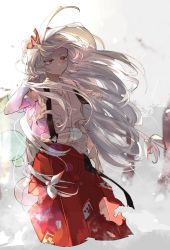 Rule 34 | 1girl, :/, arm at side, arm up, baggy pants, blizzard, blurry, blurry background, bow, chamaruk, closed mouth, collared shirt, colored eyelashes, commentary request, expressionless, fujiwara no mokou, hair bow, highres, long hair, looking to the side, low-tied long hair, multiple bows, ofuda, ofuda on clothes, pants, red eyes, shirt, silver hair, snow, solo, standing, suspenders, torn clothes, torn pants, torn shirt, torn sleeves, touhou, two-tone bow, very long hair, white shirt, wind, wing collar