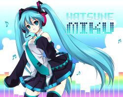 Rule 34 | 1girl, bad id, bad pixiv id, between breasts, blue eyes, blue hair, breasts, detached sleeves, hand on another&#039;s chest, hand on own chest, hatsune miku, headset, juna, long hair, matching hair/eyes, medium breasts, miniskirt, musical note, necktie, open mouth, quaver, skirt, smile, solo, spectrum analyzer, thighhighs, twintails, very long hair, vocaloid, zettai ryouiki